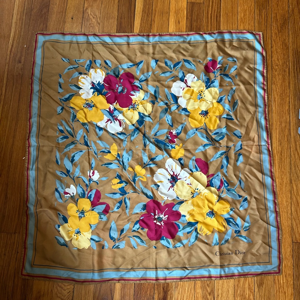Dior Floral Silk Scarf - Tan, a magenta, Yellow, Teal Blue